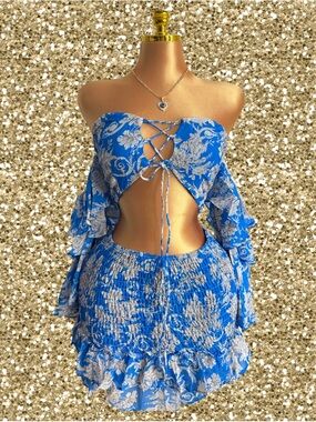 Fashion Blue Floral Two-Piece Cutout Skirt Set